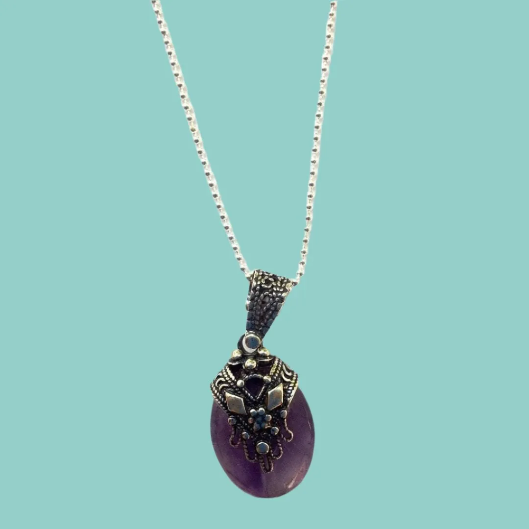 Sterling Silver Necklace for Woman,  Amethyst pendant filigree hamsa