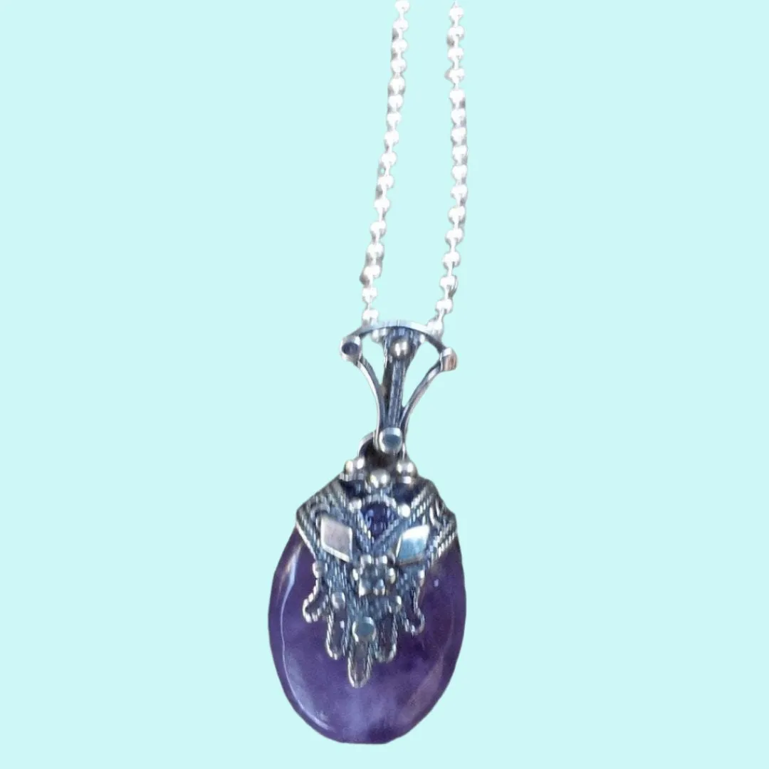 Sterling Silver Necklace for Woman,  Amethyst pendant filigree hamsa