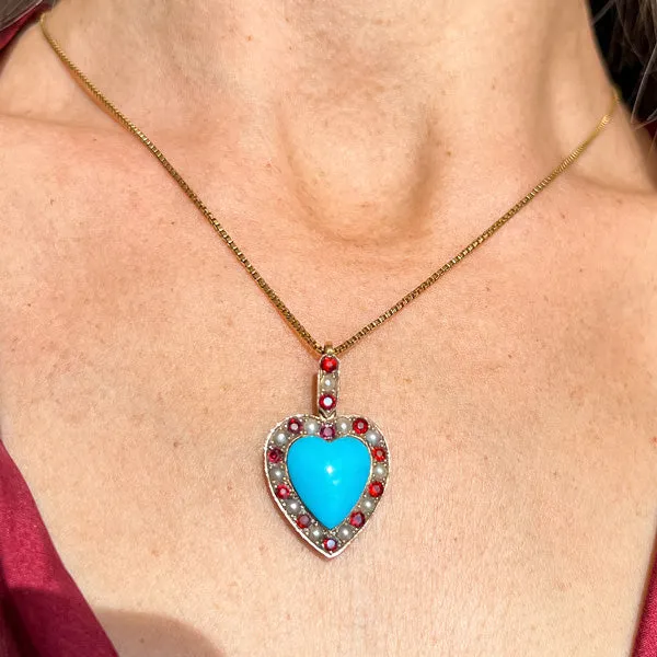 Victorian Turquoise Garnet & Pearl Heart Pendant