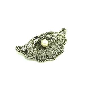 Vintage 1930s Pearl & Marcasite Silver Shell Brooch