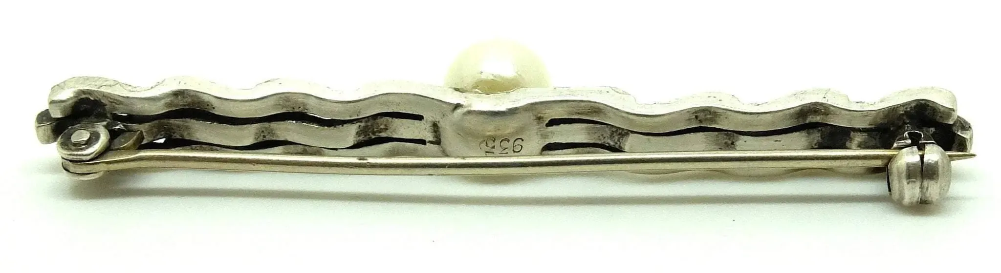 Vintage Art Deco 1920s Diamante Pearl Sterling Silver Bar Brooch