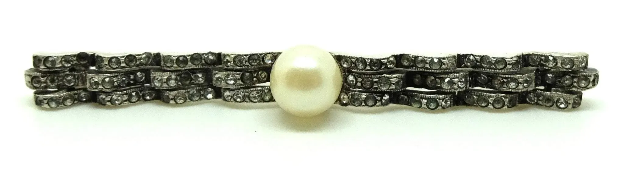 Vintage Art Deco 1920s Diamante Pearl Sterling Silver Bar Brooch