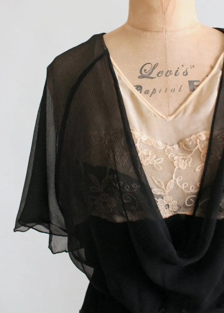 Vintage Early 1930s Black Silk and Nude Lace Dress