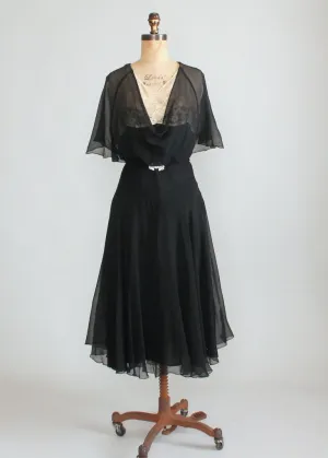 Vintage Early 1930s Black Silk and Nude Lace Dress