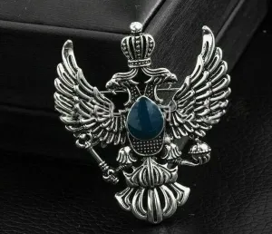 Vintage look silver plated double eagle design blue brooch broach crown pin b41