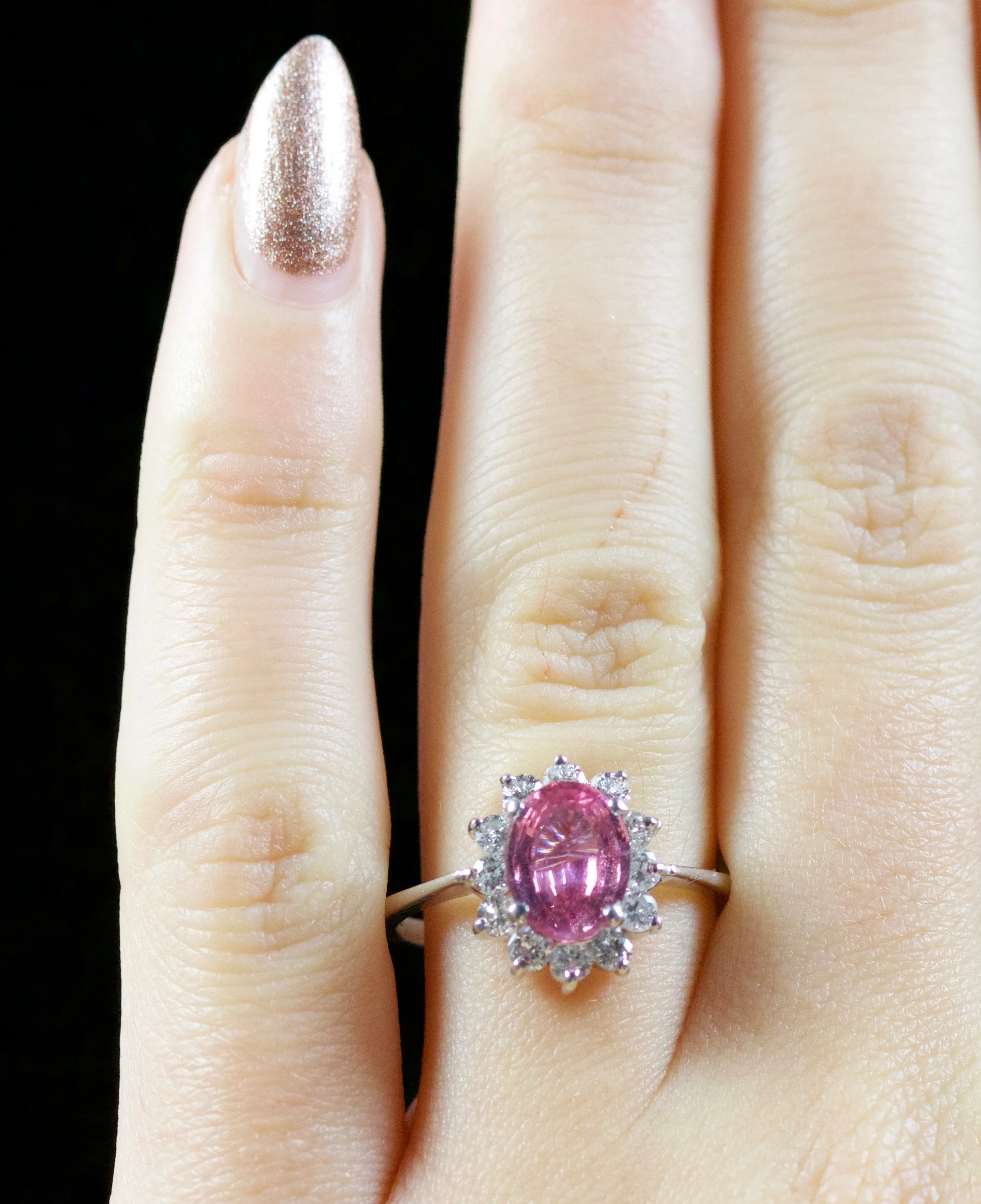 Vintage Pink Sapphire Diamond Ring 18Ct White Gold