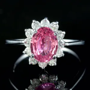 Vintage Pink Sapphire Diamond Ring 18Ct White Gold