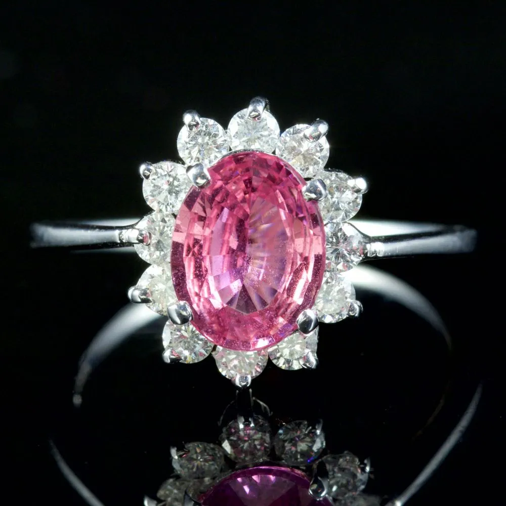 Vintage Pink Sapphire Diamond Ring 18Ct White Gold