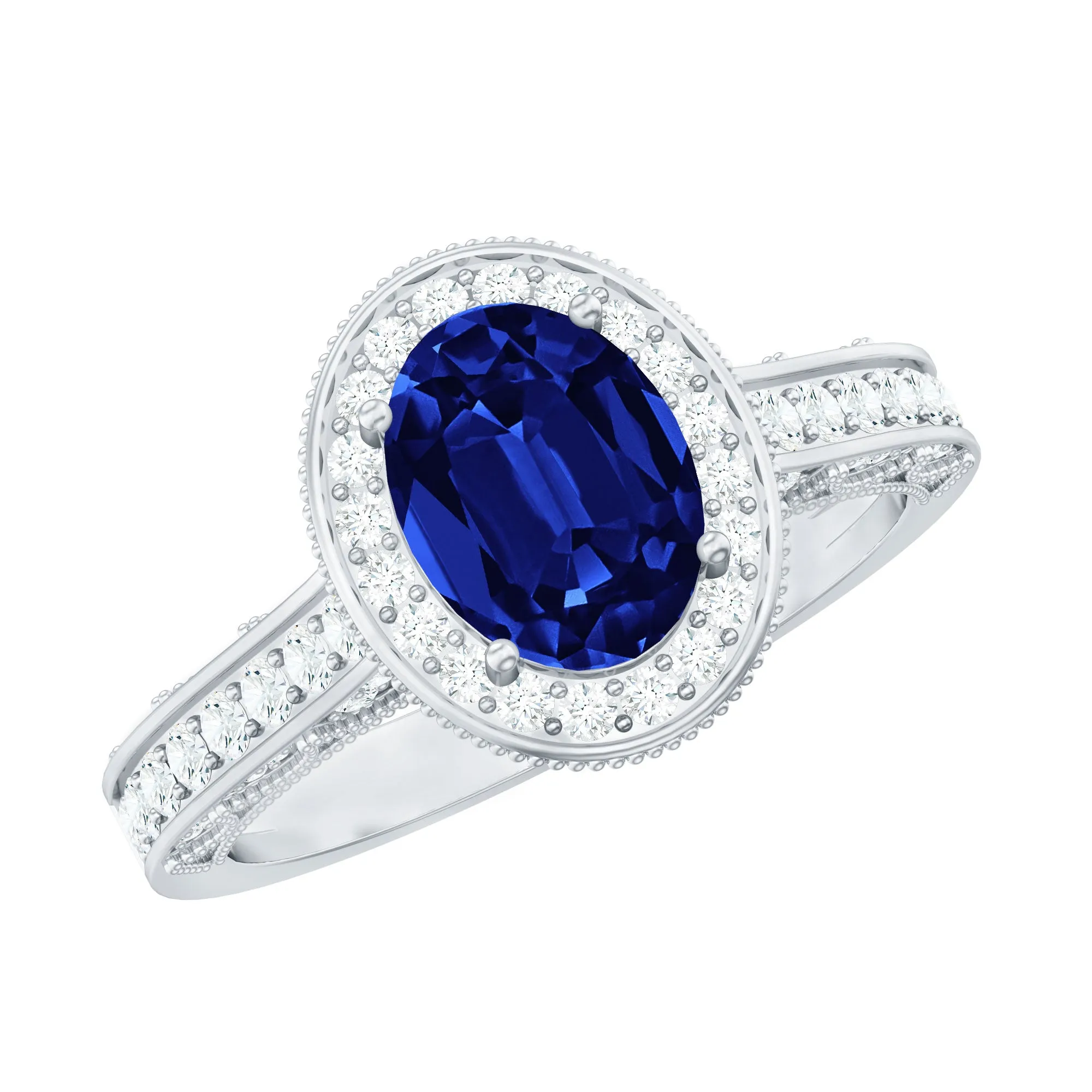 Vintage Style Lab Grown Blue Sapphire and Diamond Engagement Ring