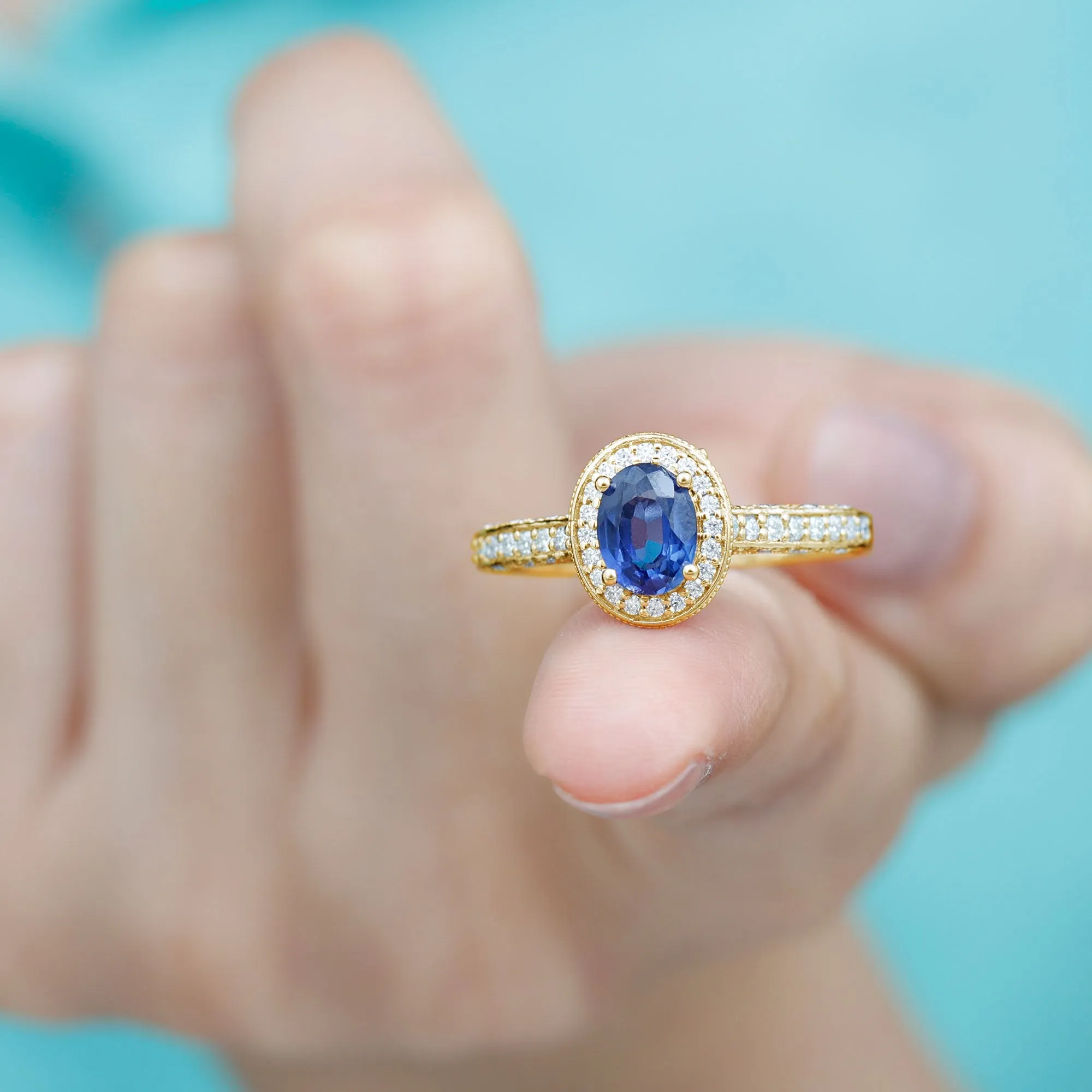 Vintage Style Lab Grown Blue Sapphire and Diamond Engagement Ring