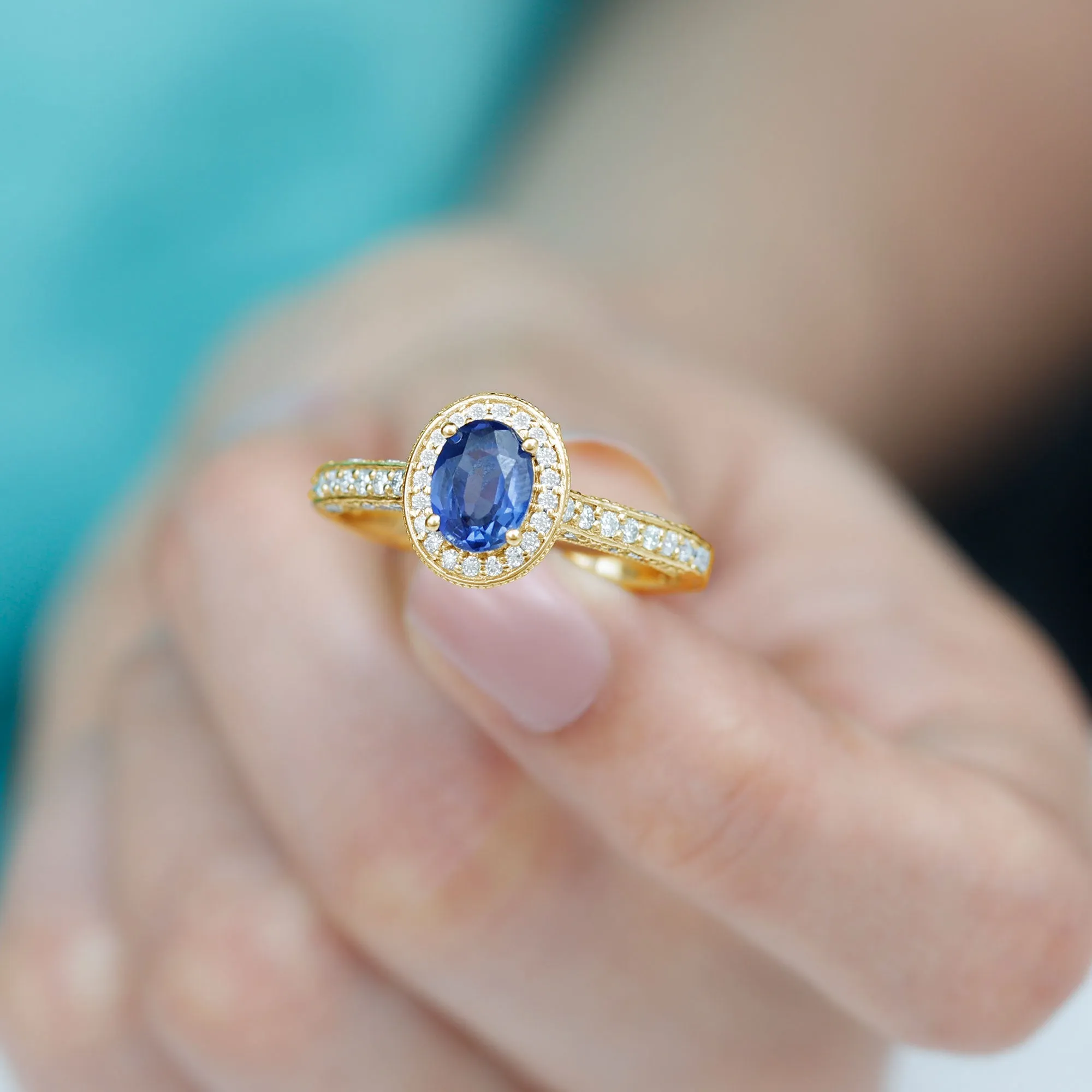 Vintage Style Lab Grown Blue Sapphire and Diamond Engagement Ring