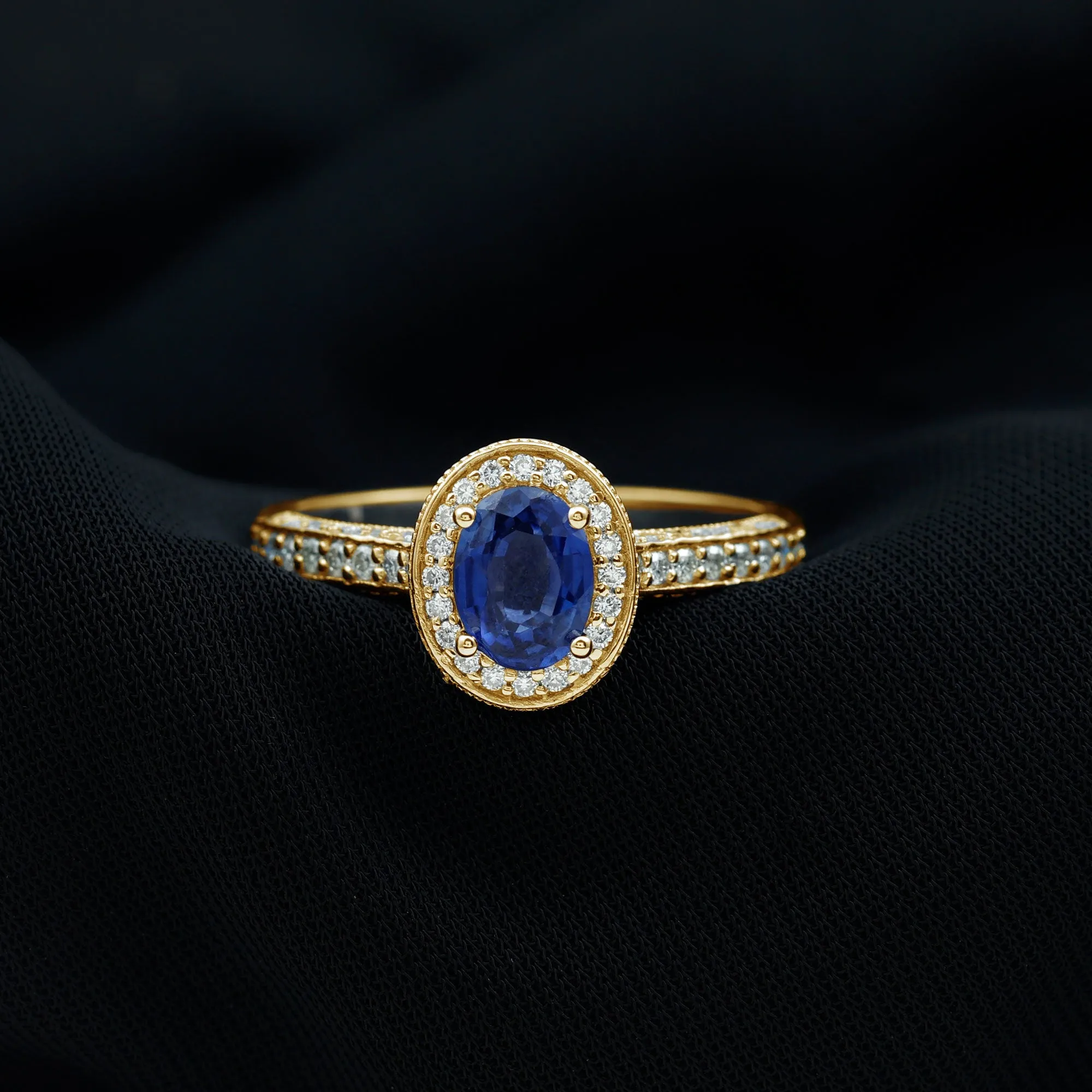 Vintage Style Lab Grown Blue Sapphire and Diamond Engagement Ring