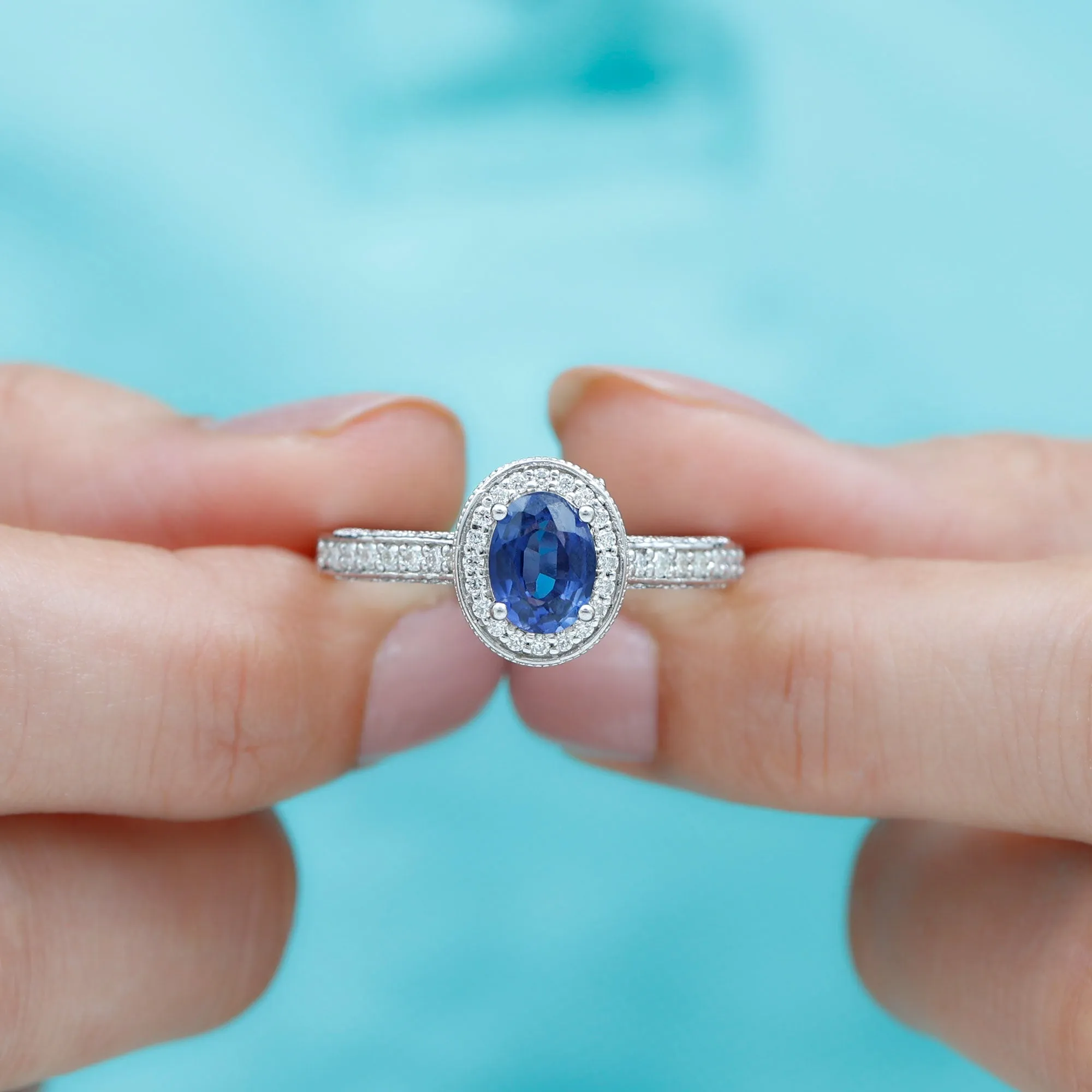 Vintage Style Lab Grown Blue Sapphire and Diamond Engagement Ring