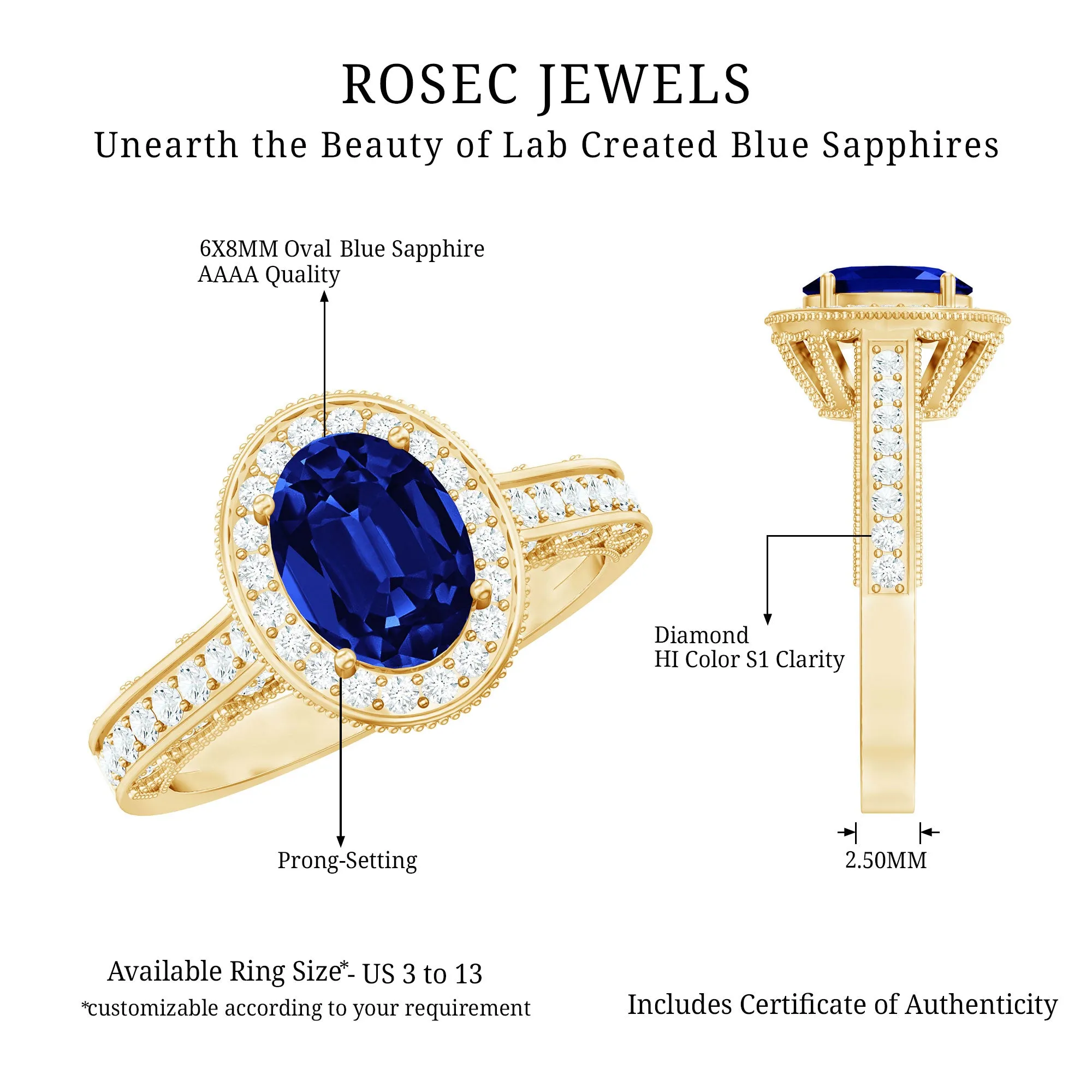 Vintage Style Lab Grown Blue Sapphire and Diamond Engagement Ring