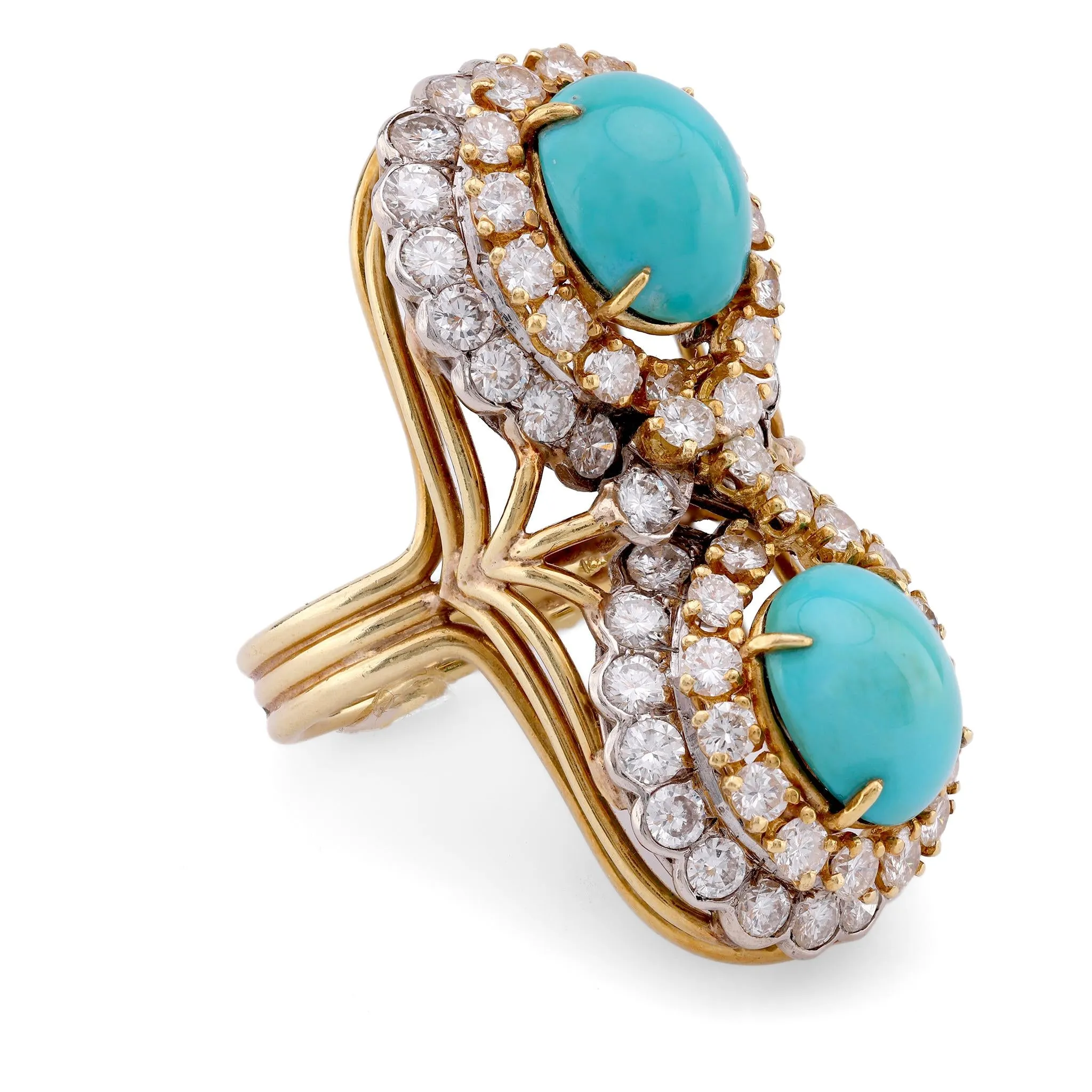 Vintage Turquoise Diamond Yellow and White Gold Toi Et Moi Ring