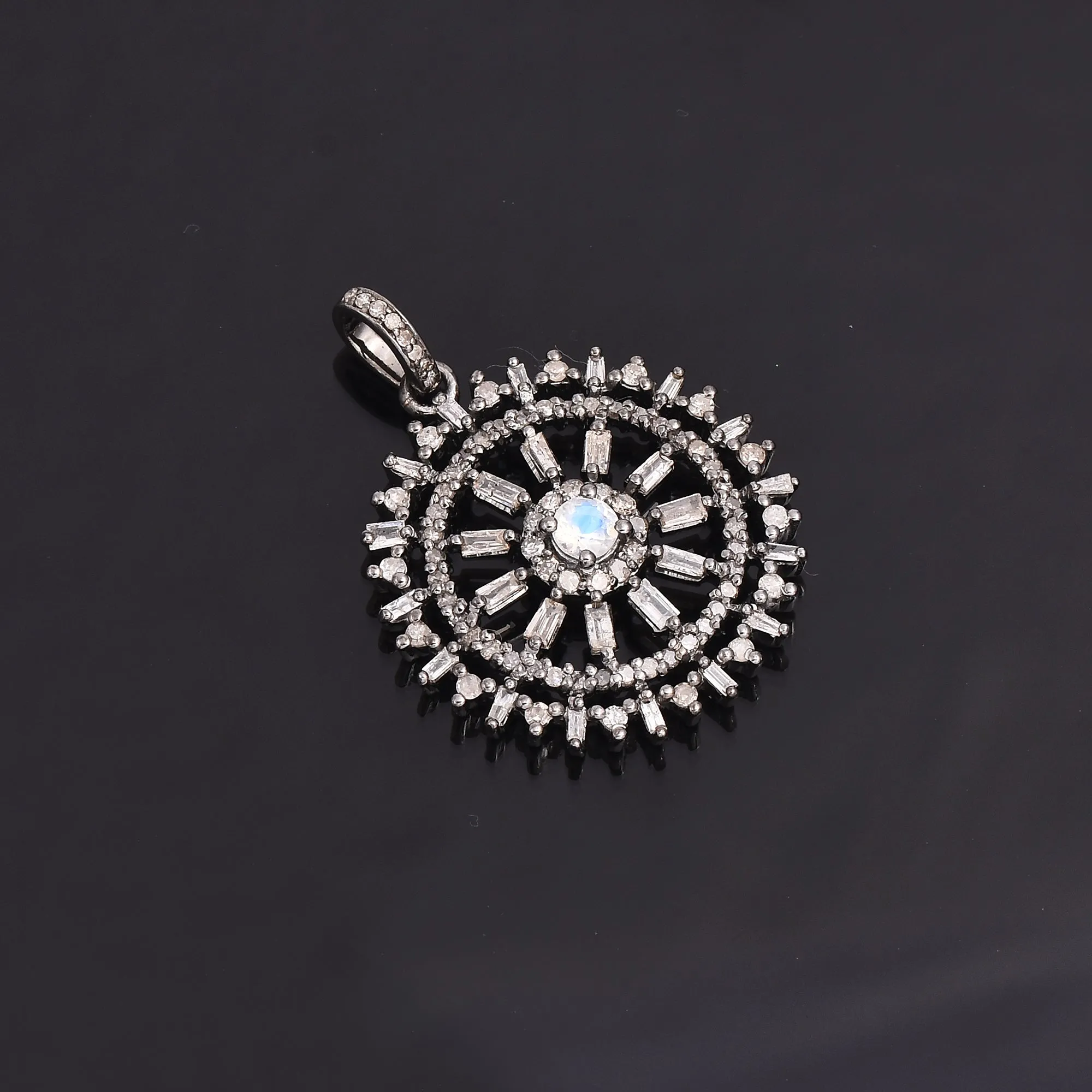 Wheel Pendant Studded With Diamond & Rainbow Moonstone