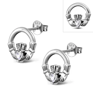 White CZ Claddagh Stud Sterling Silver Earrings