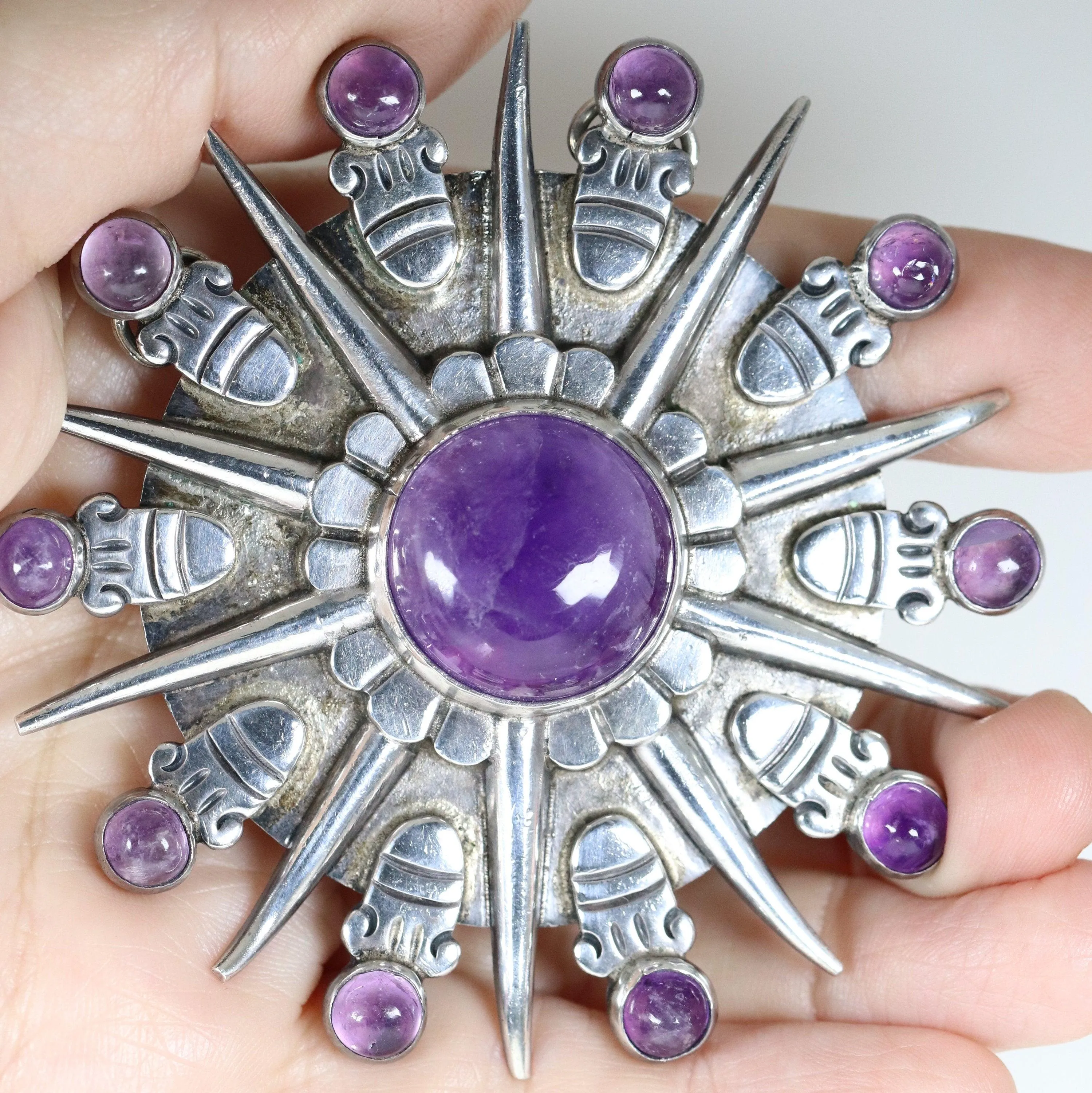 William Spratling Jewelry | Taxco Silver Sunburst Amethyst Vintage Necklace Pendant