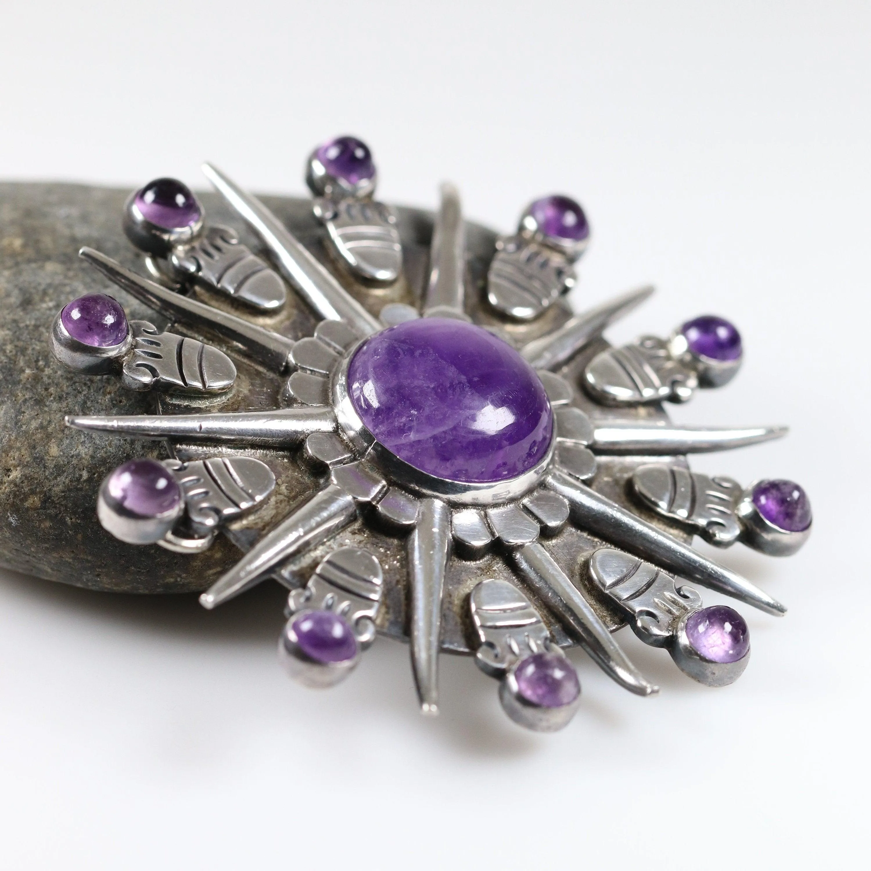 William Spratling Jewelry | Taxco Silver Sunburst Amethyst Vintage Necklace Pendant