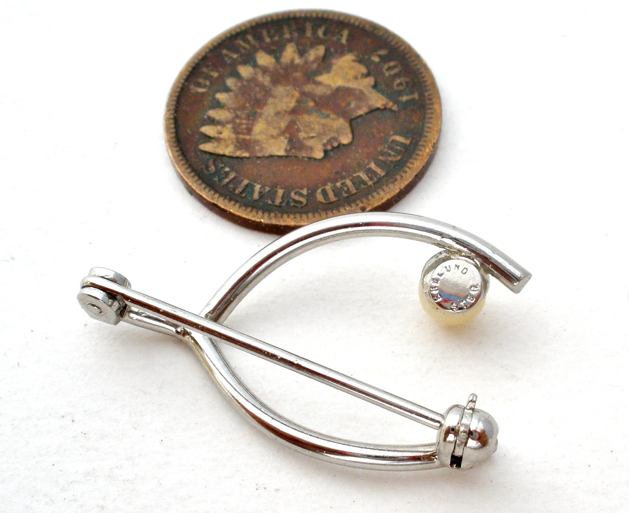 WishBone Pearl Brooch Pin Sterling Silver