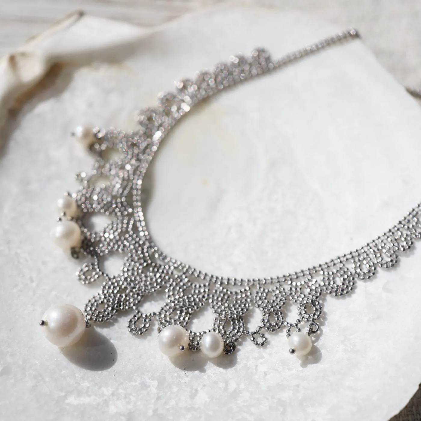 Woven Sterling Silver Seven Pearl Lace Draped Necklace