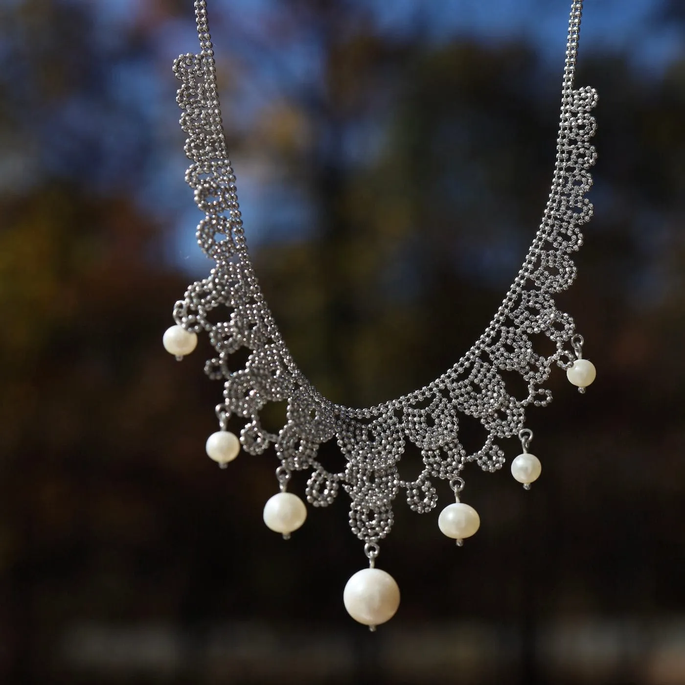 Woven Sterling Silver Seven Pearl Lace Draped Necklace