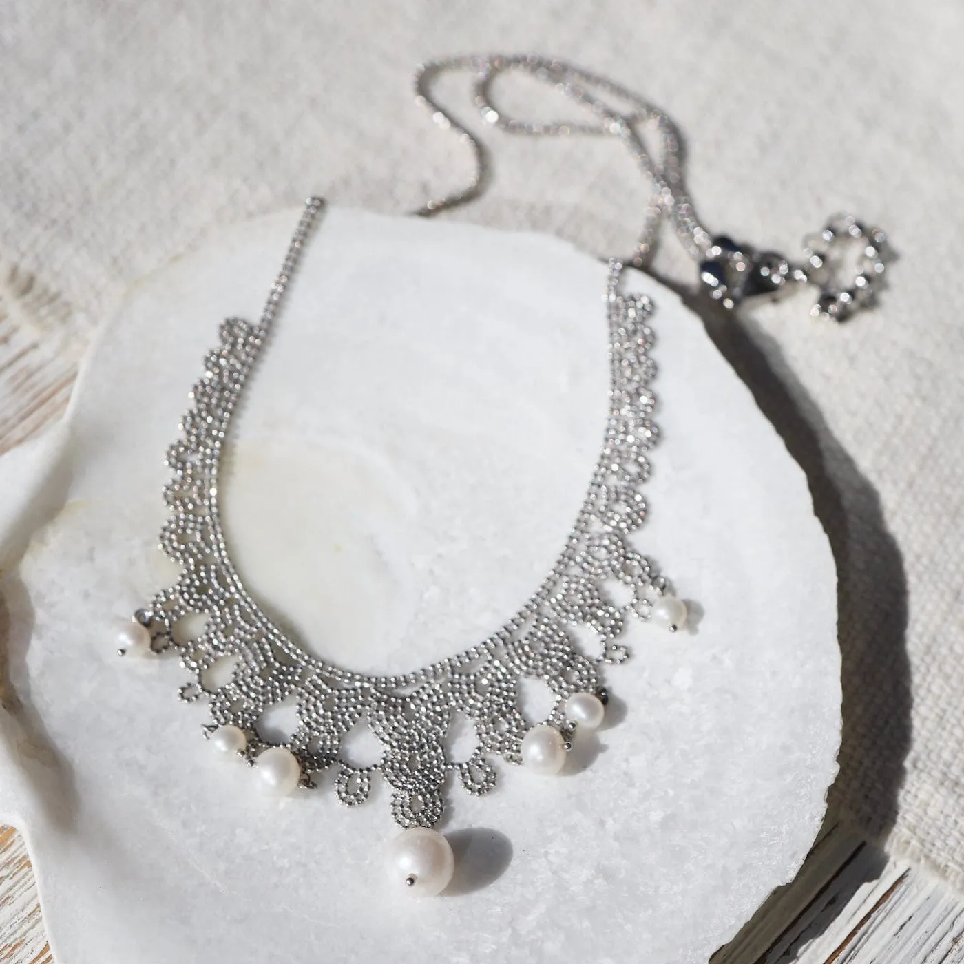 Woven Sterling Silver Seven Pearl Lace Draped Necklace