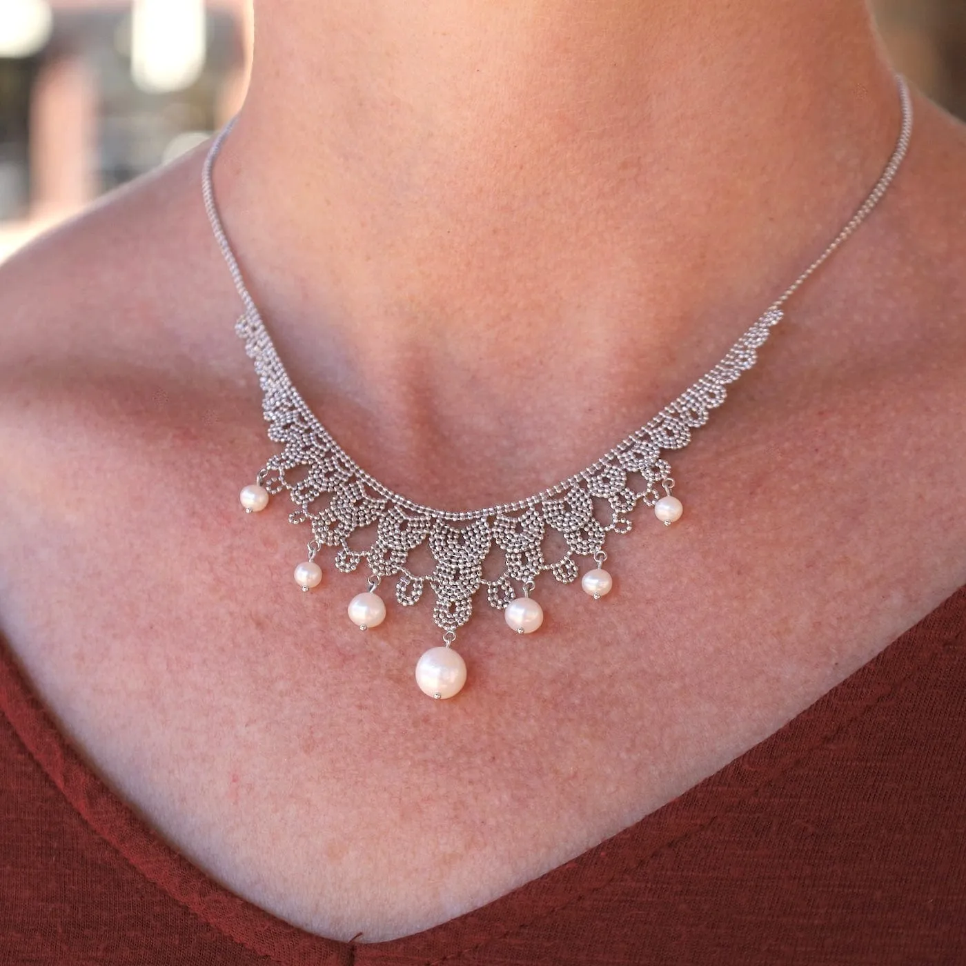 Woven Sterling Silver Seven Pearl Lace Draped Necklace